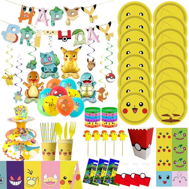 New Pokemon Birthday Balloons Pikachu Theme Party Decorations Kits Paper Plates Cups Napkins for Kids Event Supplies Baby Shower