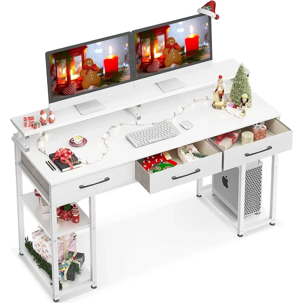 Computer Desk with Drawers and Storage Shelves, 55 Inch Home Office Desk with Monitor Stand, Modern Work Study Writing