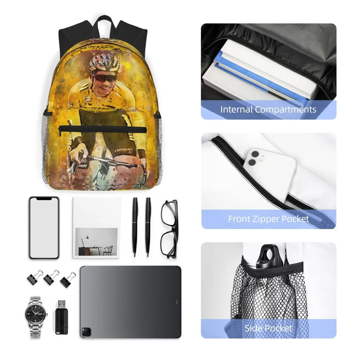 Wout Van Aert بلجيكا العلم المراهقين حقيبة ظهر الطالب حقيبة مدرسية المشي لمسافات طويلة السفر Daypack للرجال النساء حقيبة الكتب الموضة حقائب الكتف