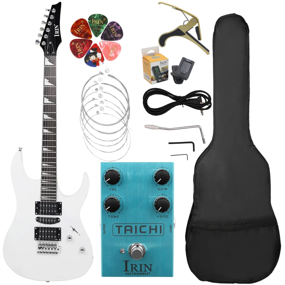 

White 6 Strings Electric Guitar 24 Frets Maple Body Neck Electric Guitarra with Bag Tuner Capo Pick Cleaning Cloth Pedal Parts