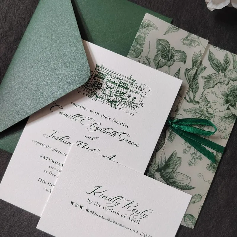 

Custom Luxury Green Letterpress Invitation Cards with RSVP,Printed Elegant Greenery on Vellum Wraps