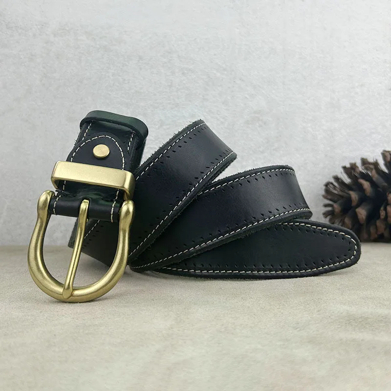 3.8CM Men Top Layer Cowhide Handmade Casual Fashion Washed Copper Buckle Belt Male High Quality Genuine Leather Belts