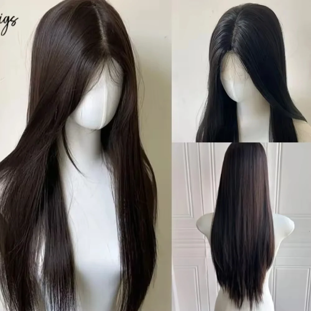 Camllia zwarte pruik met pony lang recht zwart haar Lolita pruik voor vrouwen 24-inch hoofdband pruik hittebestendig haar