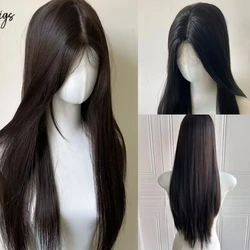 Peluca negra Camllia con flequillo, pelo largo y liso negro, peluca Lolita para mujer, peluca con diadema de 24 pulgadas, cabello resistente a altas temperaturas