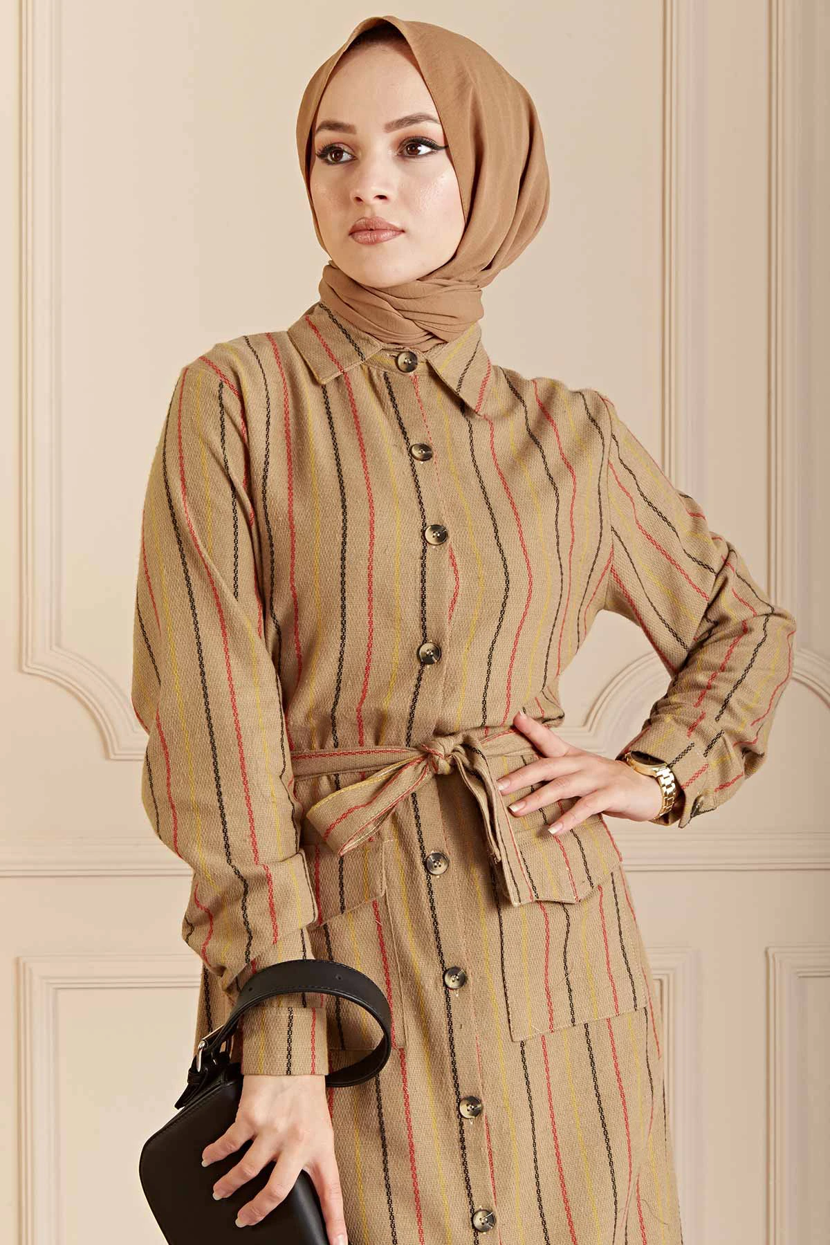 Striped Shirt Collar Dress PO CAMEL Winter Autumn 2021 Muslim Women Hijab headscarf Islamic Turkey