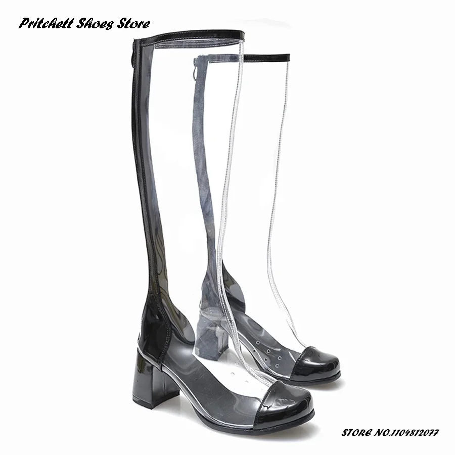 

Женские прозрачные сапоги до колена из ПВХ, летние сапоги в стиле ретро с квадратным носком на массивном каблуке, уличная стильная повседневная обувь на молнии сзади в стиле пэчворк