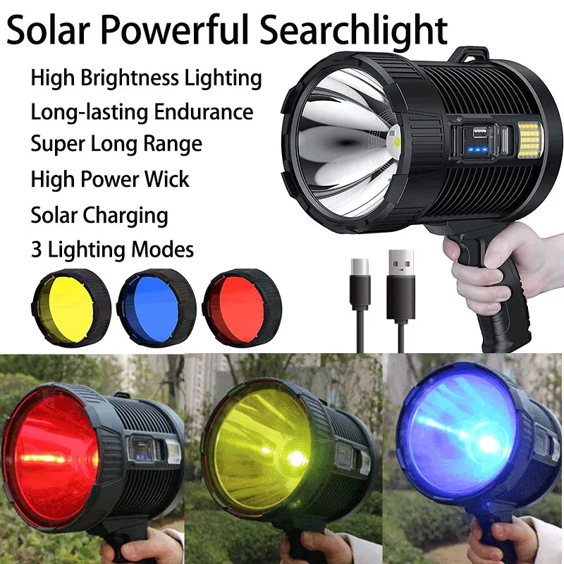 Ultra Bright LED Flashlight Floodlight Solar Charging Torch 3 Lighting Modes Portable Camping Searchlight With 3 Colored Filter