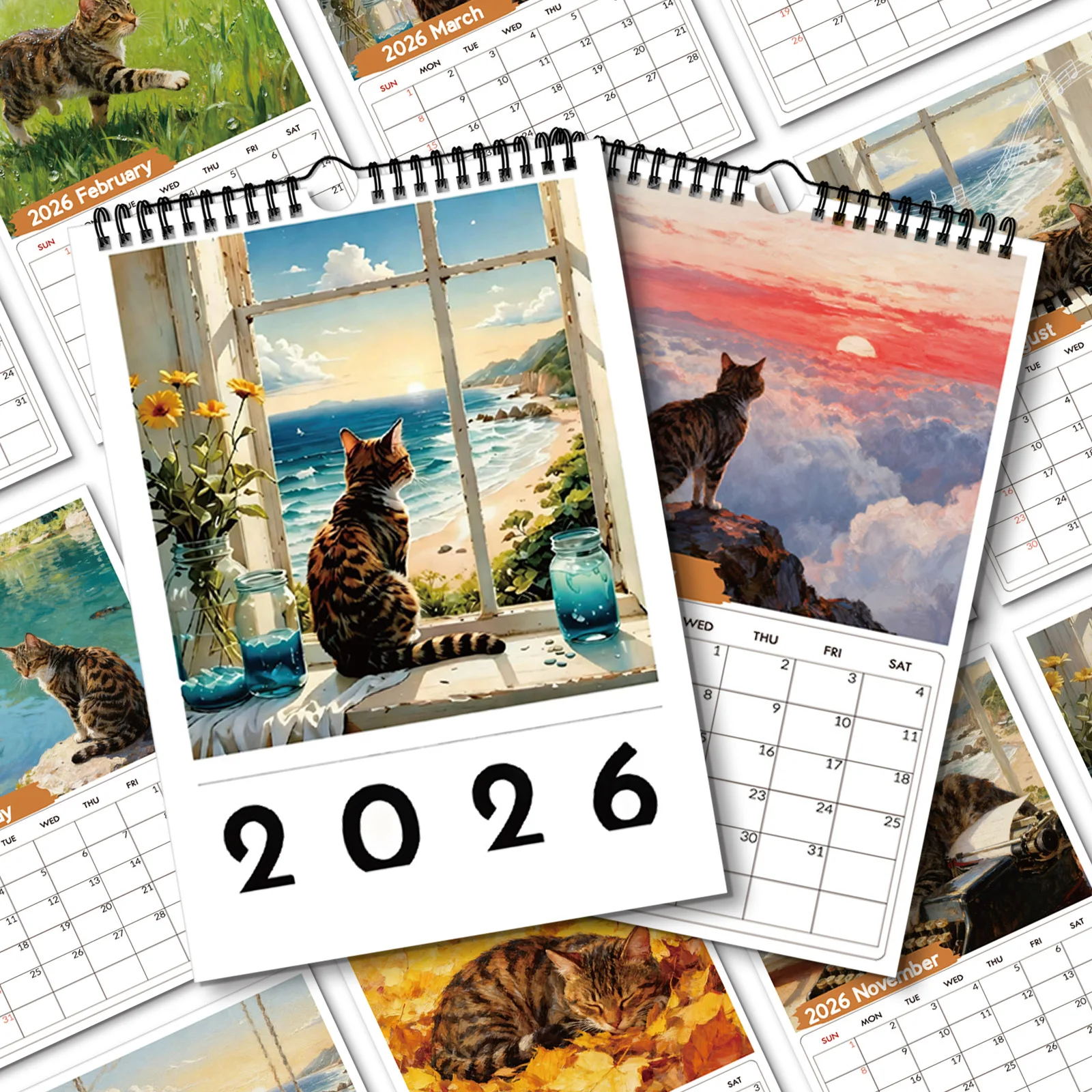 

1PC 2026 Wall Calendar, Window Cat Theme, Perfect for Home & Office Decor,Perfect Birthday,Christmas,New Year Gift,Everyday View