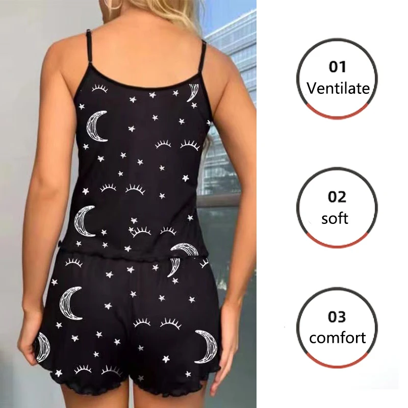 Women Heart-Shaped Moon Print Colour Collision Decoration Pajamas Set Sweet Wind Suspenders Shorts Two Sets of Black Large Size