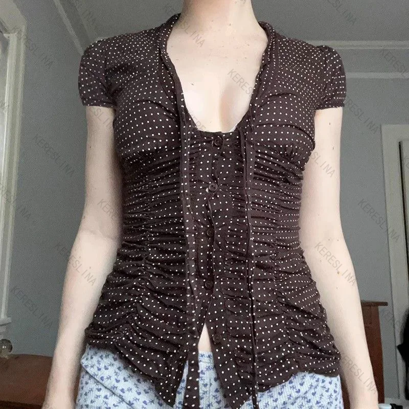 Camicia estiva europea e americana sexy slim fit con scollo a V maculato top vintage high street dolce piccante camicia femminile stile ragazza