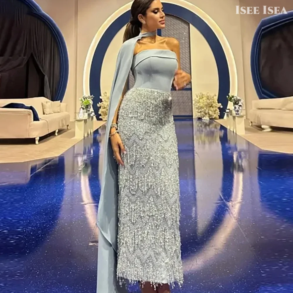 

Blue Evening Dresses Glitter Tassel Dubai Formal Prom Dress سيرين سيرين لفساتين السهرة Customized