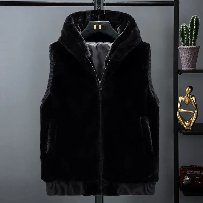 KIDWHXR Autumn Winter Men Thicken Velvet Cold-proof Vest Man Slim Solid Sleeveless Zipper Male Coat Casual Hooded Waistcoat