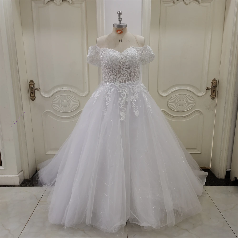 ZJ9251 White Tulle Beading Sweetheart Off the shoulder Floor-Length Ball Gown Wedding Dress Cathedral /Royal Train Custom Made