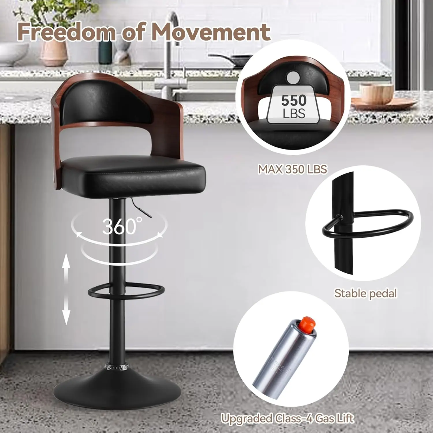 Swivel Bar Stools Set Of 1 Seat Adjustable Height 24.5-33.5In, Wooden Barstools Pu Leather Upholstered Bar Chairs With Back &