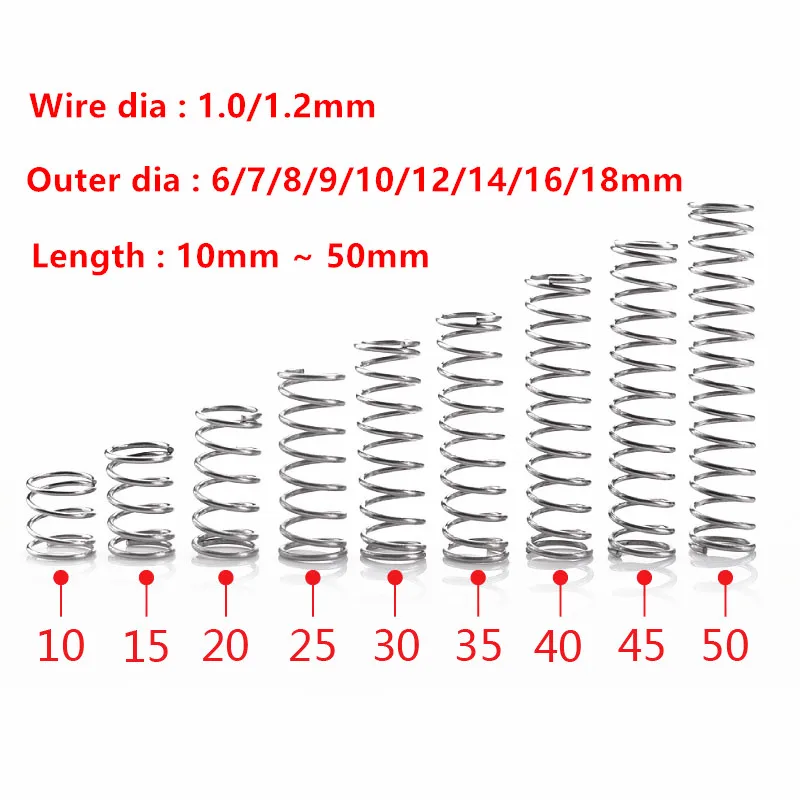 10pcs Wire dia 1.0mm 1.2mm 304 Stainless Steel Micro Compression Spring OD=5/6/7/8/9/10/12/13/14mm Length 5mm to 50mm