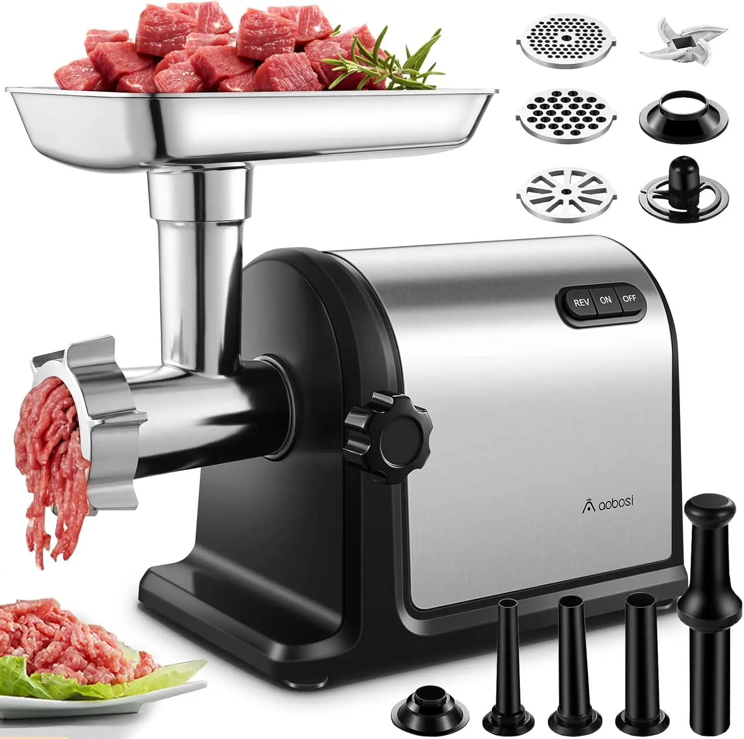 Grinder [3000W] Heavy Duty Stainless Steel Meat Mincer with 3 Grinding Plates, 3 Sausage Stuffer Tubes & Kubbe Attachments,Easy