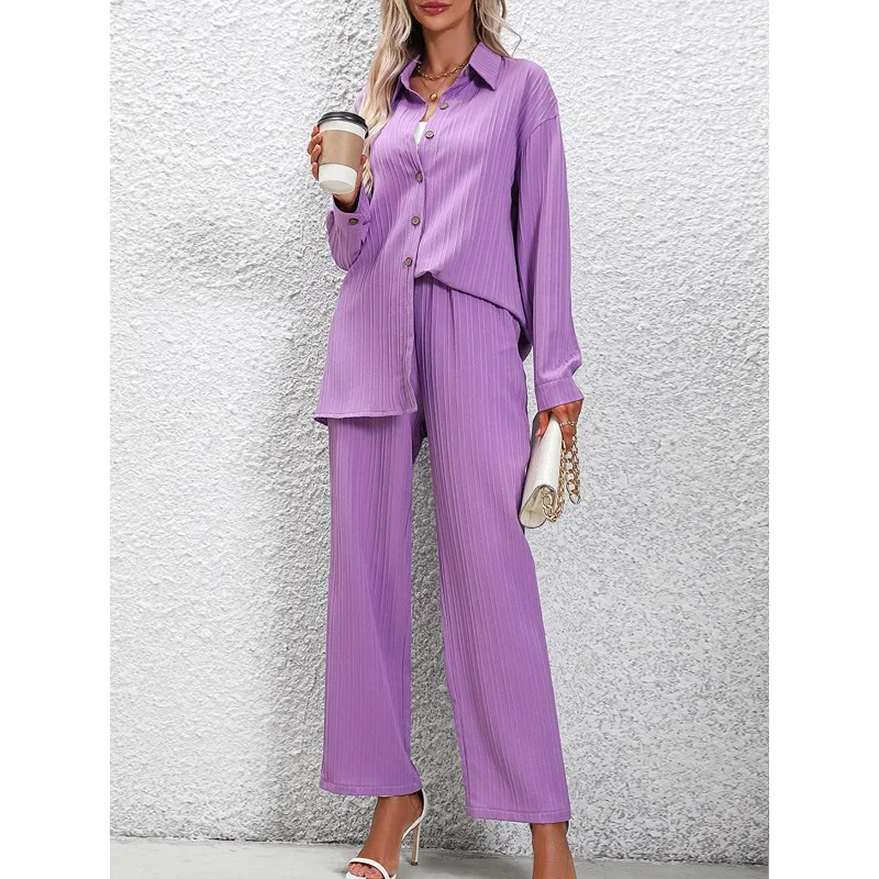 Autumn and Winter Women\'s Cardigan Polo Neck Bubble Sleeve Solid Button Striped Elastic Slim Fashion Casual T-shirt Pant Sets