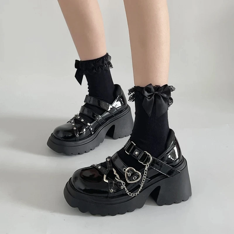 Sweet Lolita Shoes Platform Round Head Thick Heel Cross Bandage Women Shoes Kawaii Shoes Cosplay Mary Jane Shoes Heart Buckle