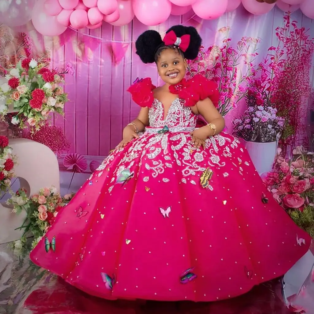 Luxury Beading Flower Girl Dresses Princess Hot Pink Customized Ball Gown Baby Girls First Birthday Party Pageant Dress
