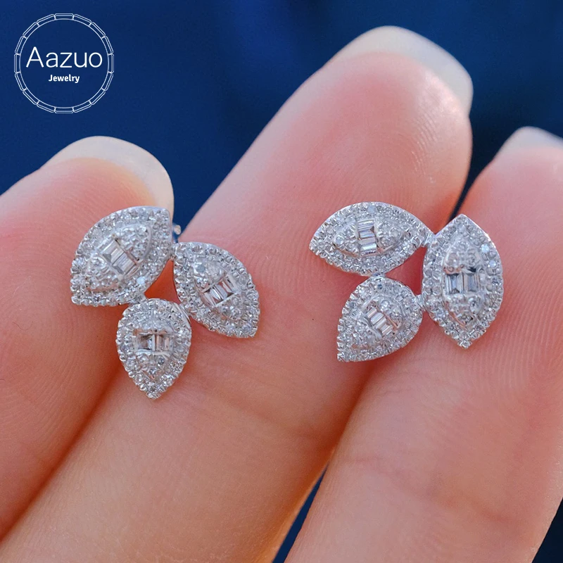 Aazuo 18K Solid White Gold Real Natrual Diamonds 0.40ct Leaves shaped Stud Earring Gifted For Women Advanced Wedding Party Au750