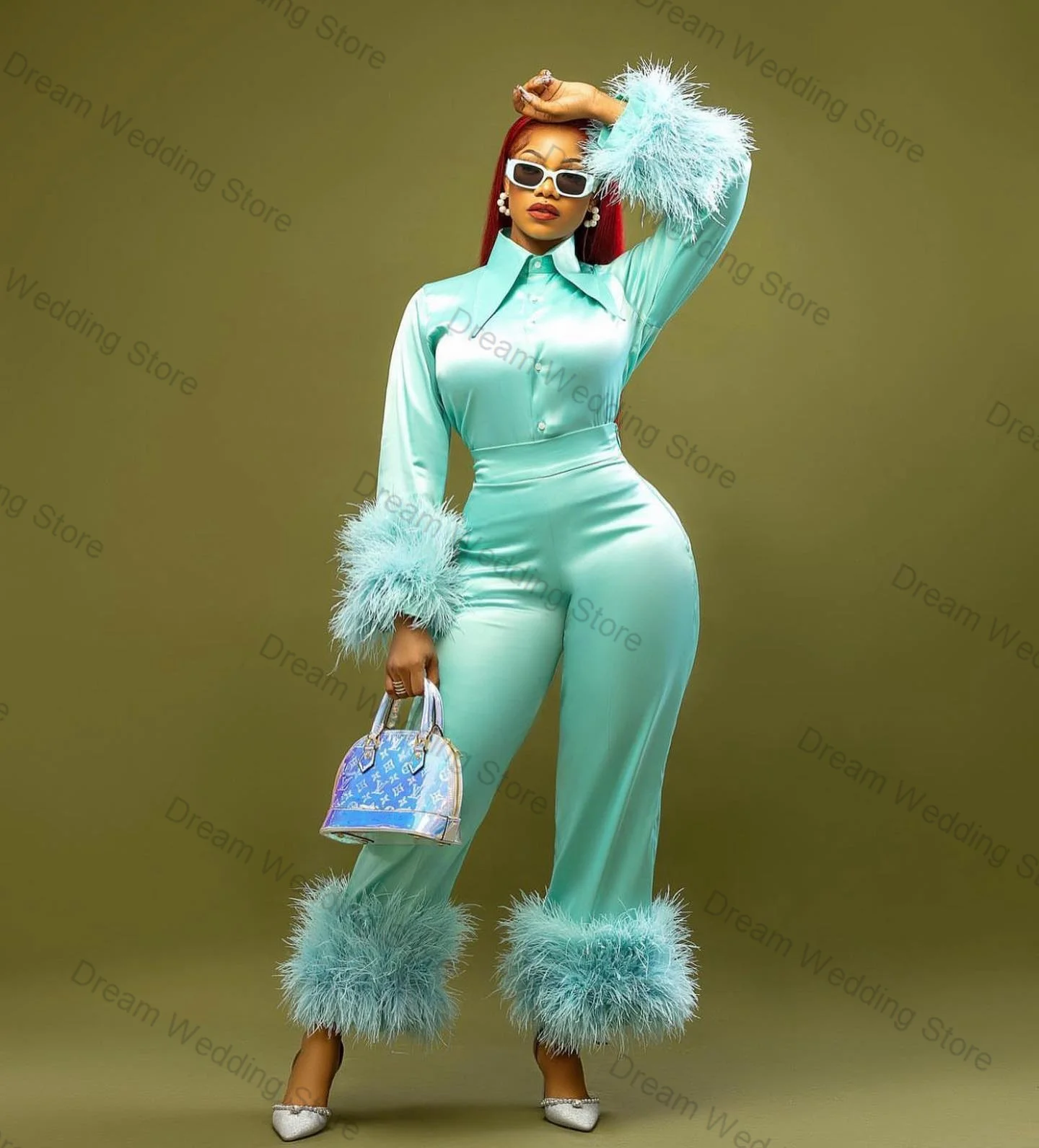 

Light Blue Feather Satin Women Suit Set 2 Pcs Shirt+Pants Trousers Formal Office Lady Jacket Customized Summer Wedding Prom Coat