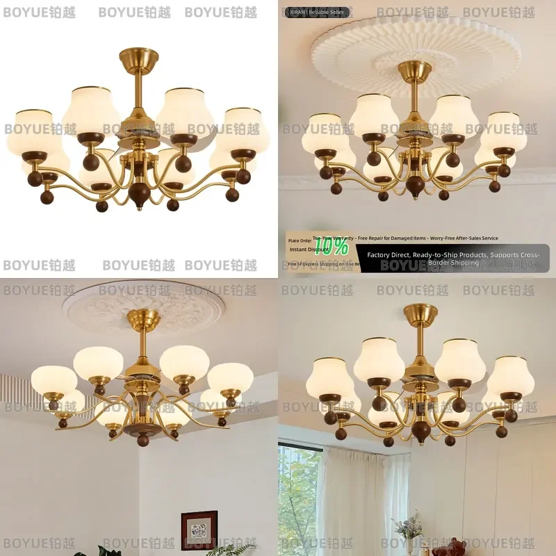 Retro French Medieval Ceiling Fan Light Solid Wood All Copper Silent Chandelier for Living Room Bedroom Dining High End Decor