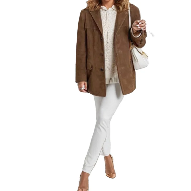 Casual Brown Lapel Pocket Suede Leather Jacket Fashion Woman Single Button Long Sleeve Crop Coat 2024 Lady Autumn Street Outwear