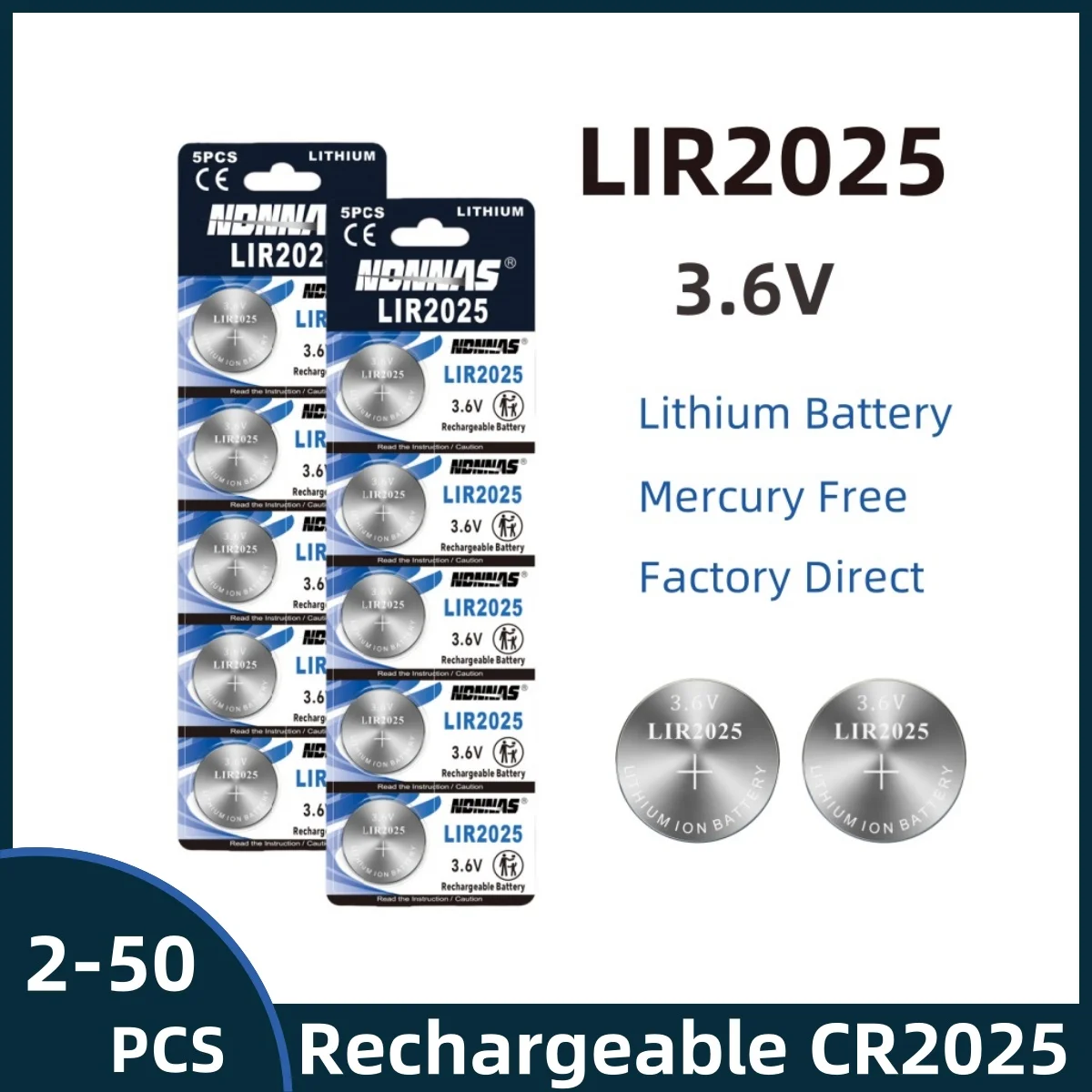 2-50 pièces LIR2025 2025 batterie Rechargeable 3.6 V batterie Rechargeable au Lithium CR2025