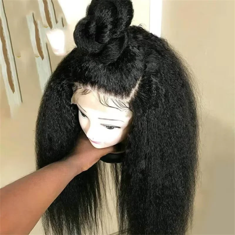 Natural Black Soft Glueless 26Inch Long Preplucked Yaki Kinky Straight Deep Lace Front Wig For Women With Baby Hair Daily