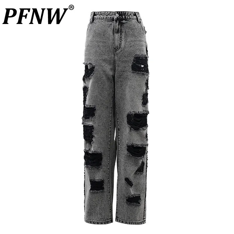 PFNW 2025 New Stylish Spring Jeans Men's Loose Fit Hole Male Worn-out Niche Design Male Trousers Straight Denim Pants CPG1728