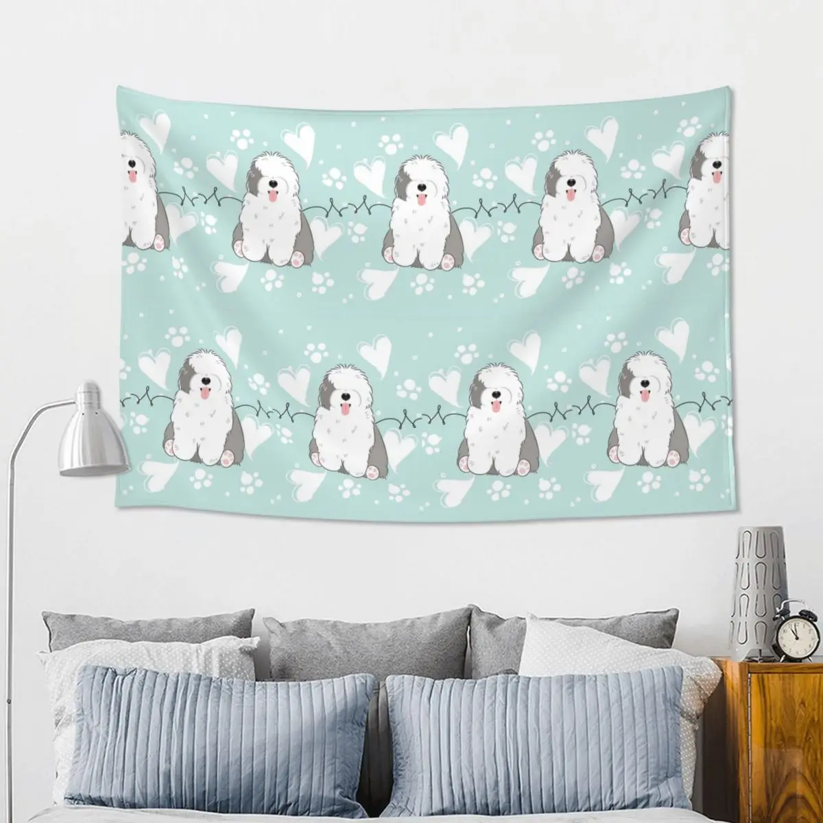 Love Old English Sheepdog Tapestry Funny Wall Hanging Aesthetic Home Decor Tapestries for Living Room Bedroom Dorm Room