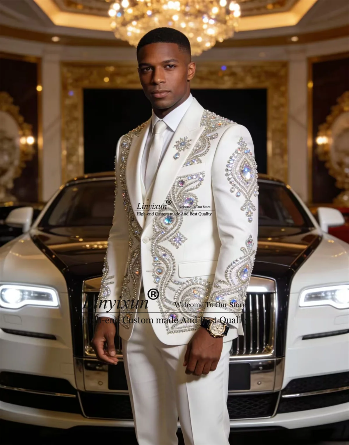 

Hadnmade Crystals Diamond Men Suits Customized Groom Tuxedos 3 Pieces Sets Male Prom Party Blazers Outfit Slim Fit Ropa hombre