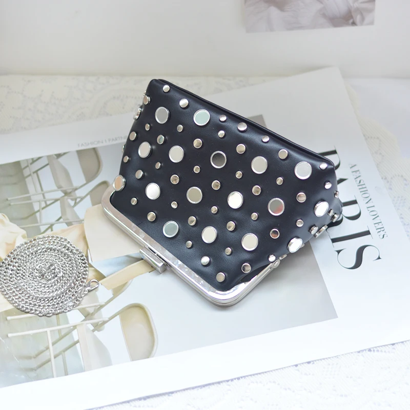 Hot Selling Luxury Trendy Black PU Shoulder Crossbody Bag Irregular Stud Chain Small Bling Hand Bags for Women