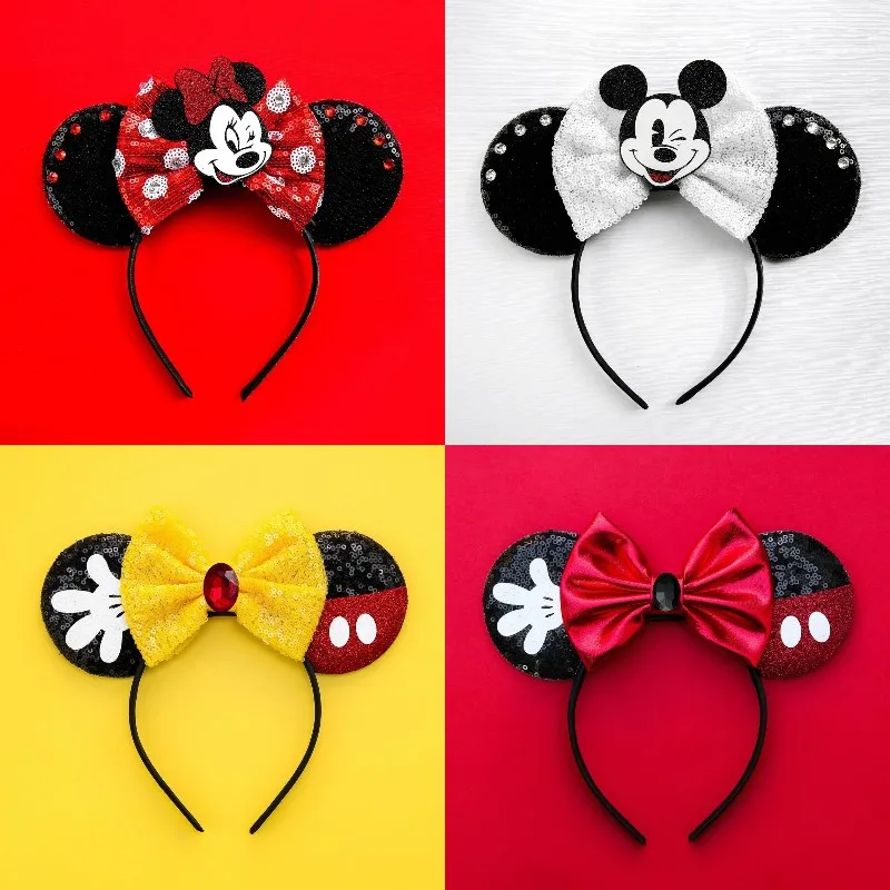 Cartoon Ears Disney Headbands Mickey Mouse Women Minnie Daisy Hairband Girl Sequins Bow Hair Accessories Kids Xmas Birthday Gift