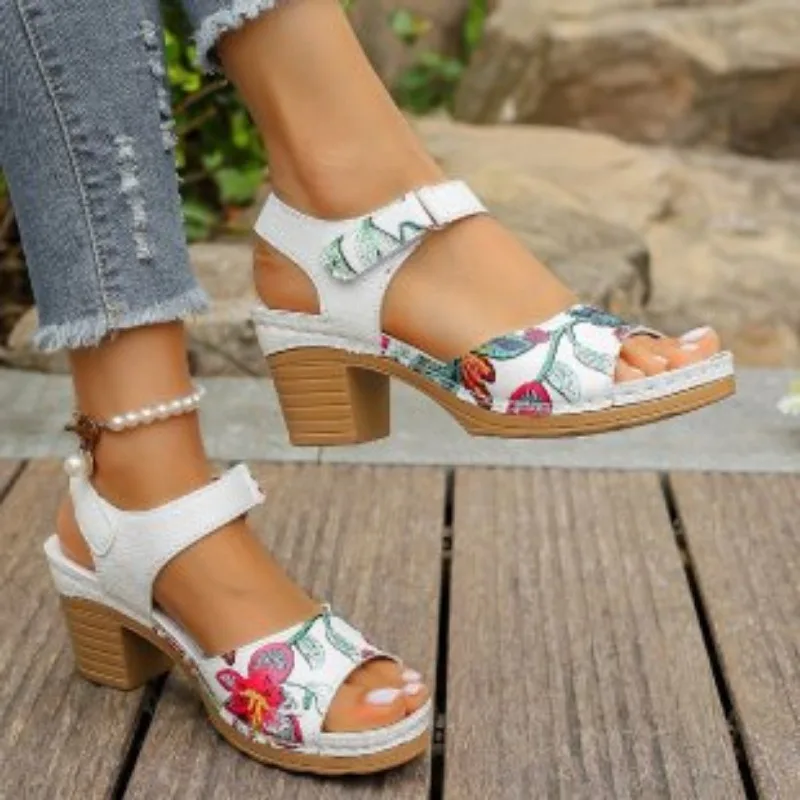 Women's Peep Toe Hihg Heel Sandals Summer Gladiator Shoes Chunky Heel Platform Women's Sandals Flower Ladies Heeled Shoes image 3