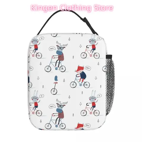Funny Animals On Bicycles Fox Bunny Forest Insulated Lunch Bags for Kids School Lunch Container Fashion Thermal Cooler Bento Box