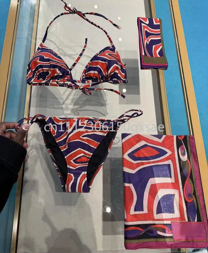 Classic Design Women's Dark Blue Scarf Bikini Sets with Letter Signature Logo Luxury Brand Lady Sexy Scarf Swimsuits Beachwear