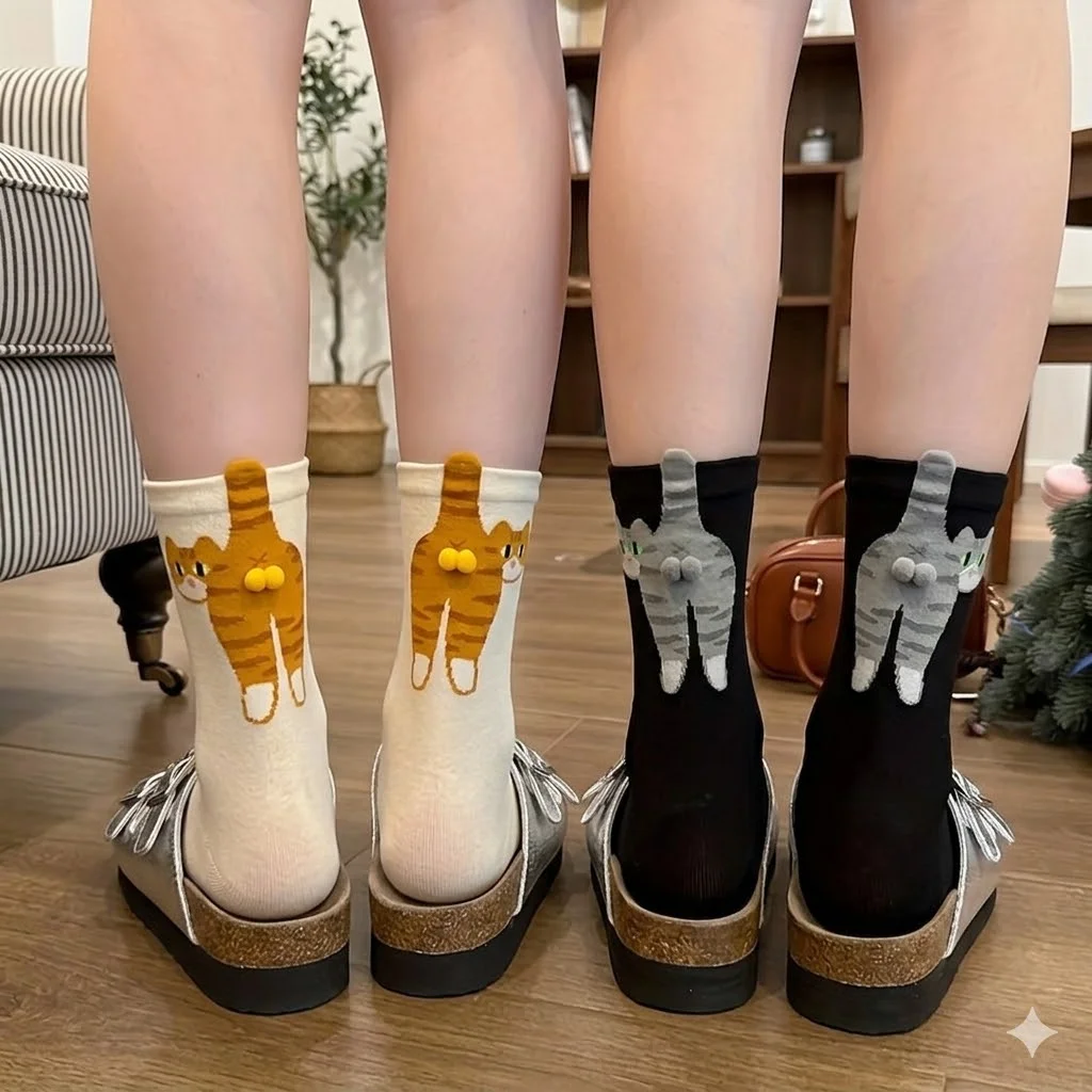 1/2 Pair 3D Cat Paw Socks Cute Cartoon Mid-Calf Warm Winter Socks Soft Cozy Novelty Daily Wear Gift Socks for Women Girls