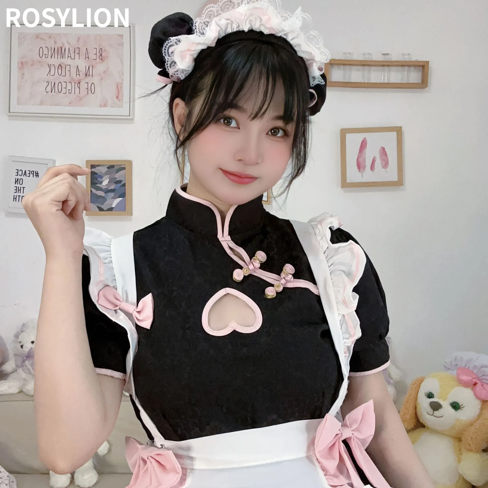 Girls French Maid Lolita Dress Hollow Out Summer Short Sleeve Chinese Cheongsam Costume Waitress Uniform Cute Sexy Apron Dress