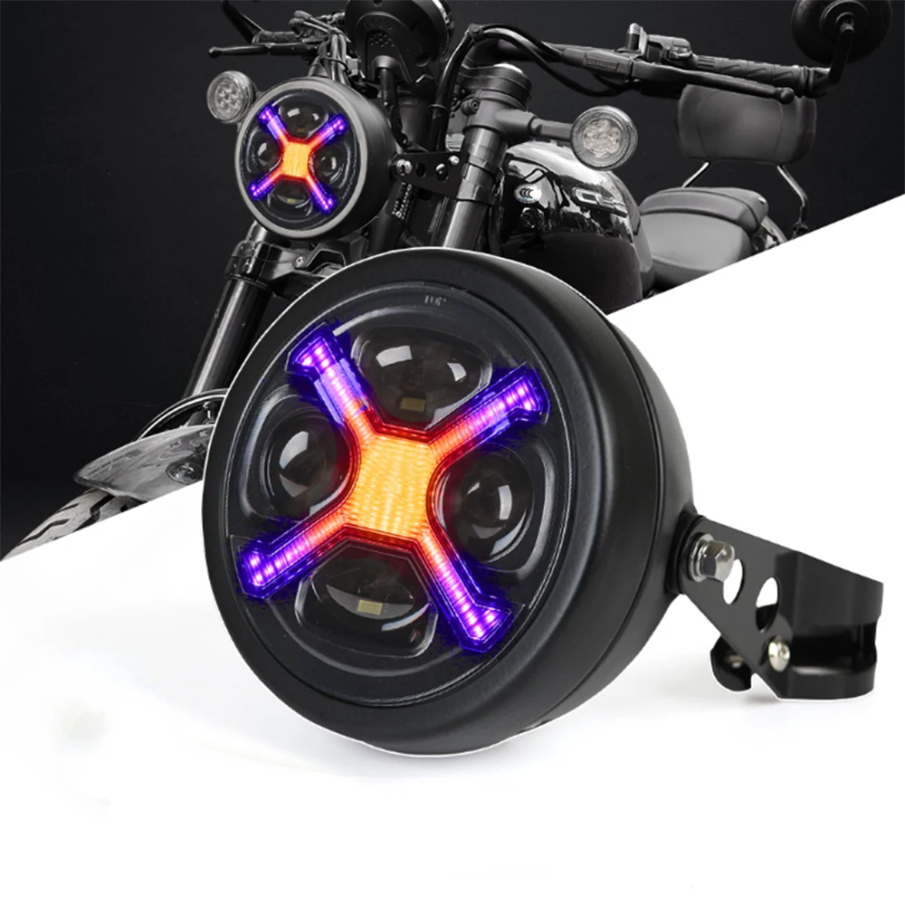 

5.75 Inch Round Motorcycle LED Headlight with Bucket Mount Bracket, X-Shaped RGB DRL, IP67 Waterproof, Universal Fit for Harley