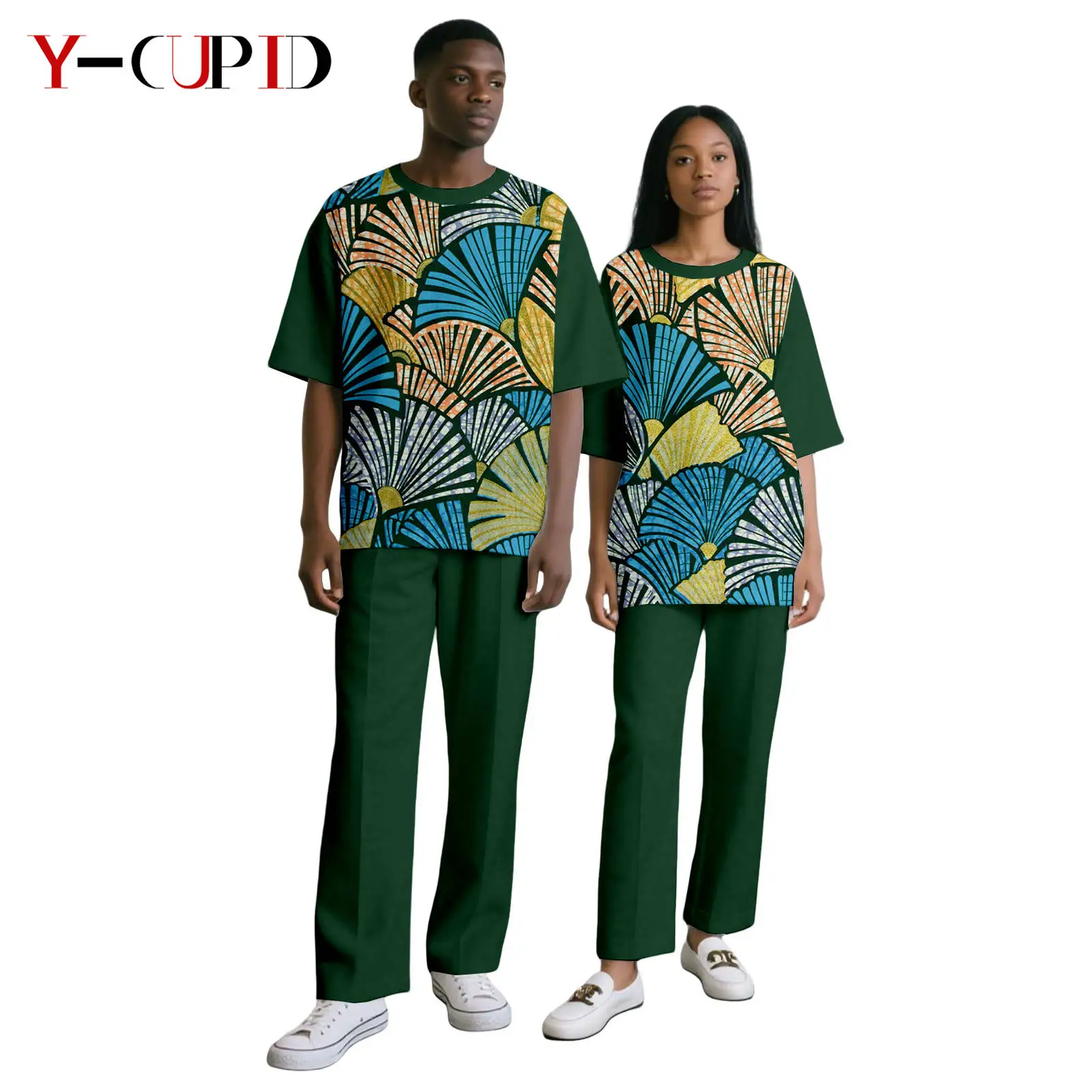 

African Print Half Sleeve Top and Pants Sets for Women Matching Men Outfits Bazin Riche African Couple Clothes Wedding 25C089