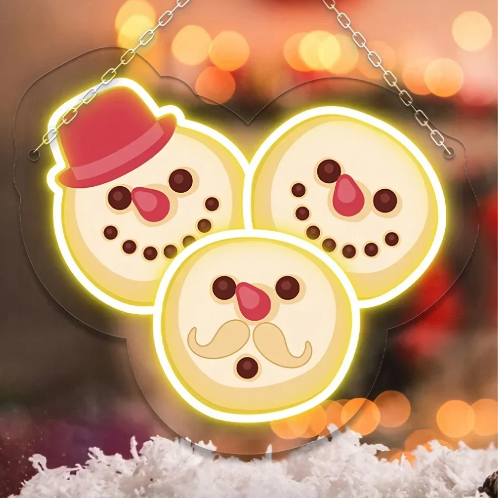 Three Snowmen Faces Neon Sign Warm White LED Wall Art Acrylic USB Powered Dimmable Light For Winter Xmas Home Party Decor