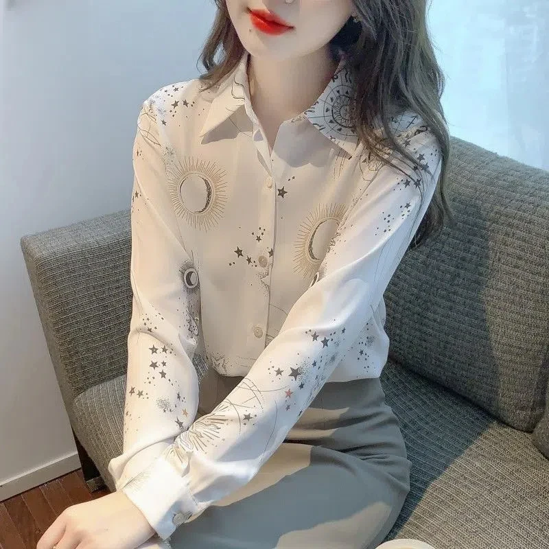 Office Lady Geometric Printing Turn-down Collar Lantern Long Sleeve Button Up Cardigan Shirt Women\'s Clothing Spring Autumn Tops