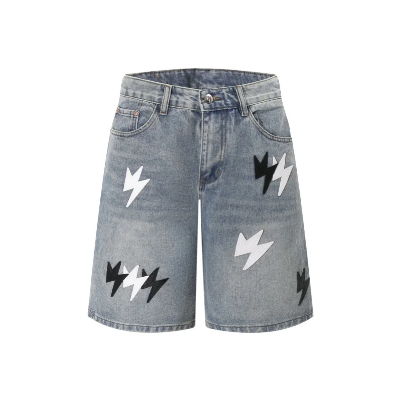 

1392 American street lightning car leather denim shorts men's tide high street niche design loose straight trousers