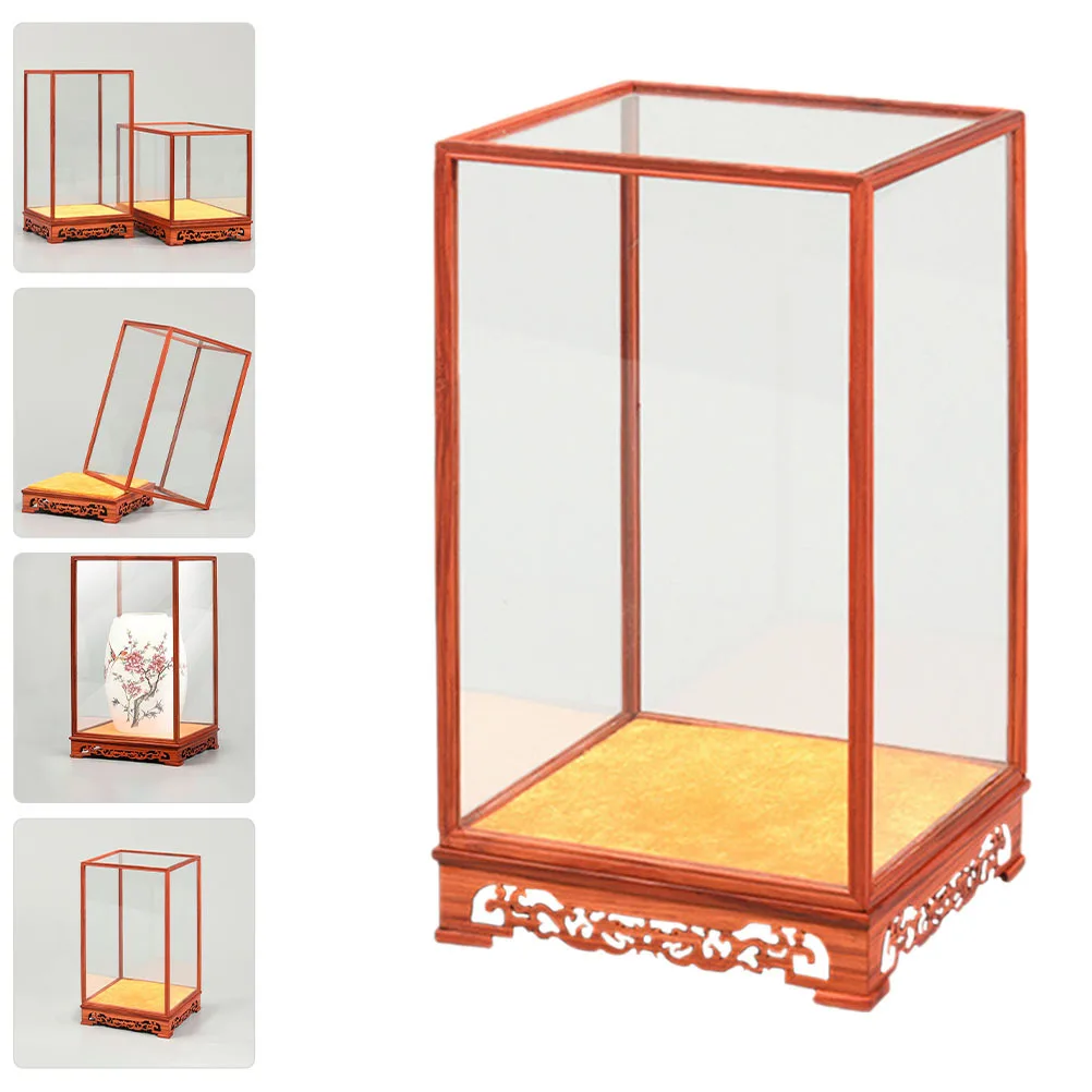 

Transparent Buddha Display Box Chinese Style Premium Glass Wood Carving Base Dust Cover Multi Functional Collectibles Organizer