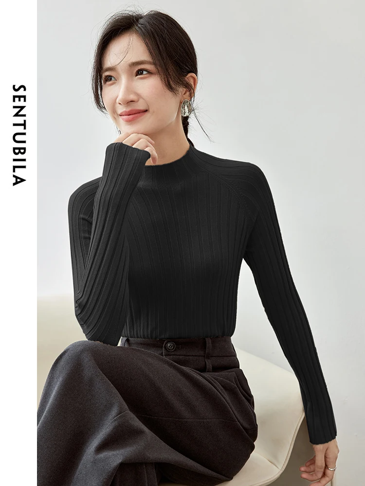 SENTUBILA Slim Fit Knitted Pullovers 2024 Autumn Soft Half Hight Collar Long Sleeve Simple Basic Comfort Women Top W43H56579