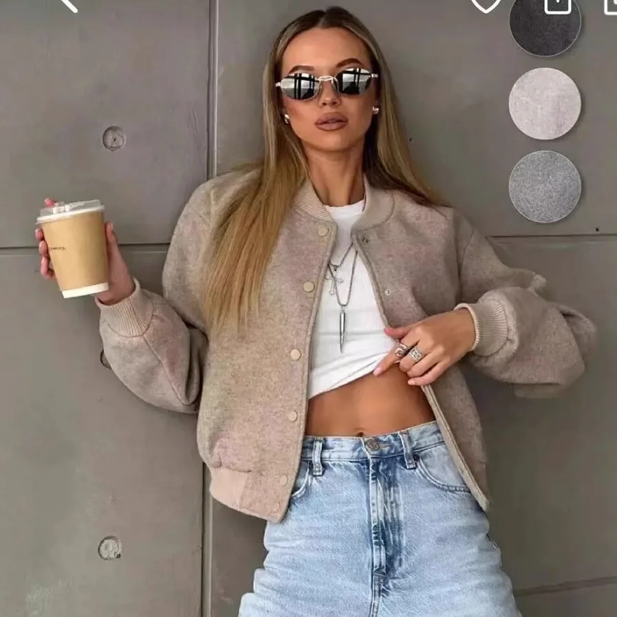 

Cropped Bomber Jackets Coat For Women Autumn Long Sleeve Baseball Jacket Fashion Casual Winter Button Aviator Jackets Streetwear