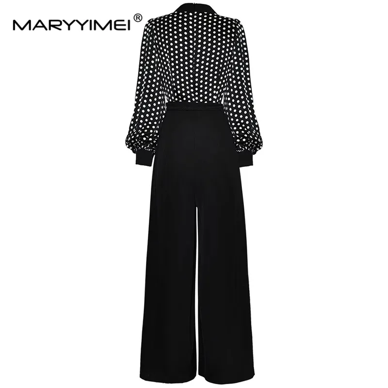 MARYYIMEI Fashion Designer Women's 2024 Spring V-Neck Lantern Long-Sleeve Lace-Up Pocket Wide Leg Pants Patchwork Long Jumpsuits