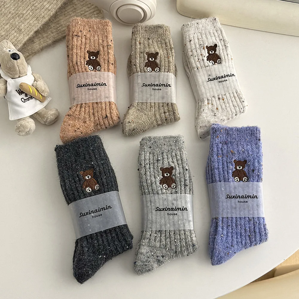Bear Embroidery Japanese Kawaii Cartoon Cute Socks Women 2026 New Cashmere Wool Socks Autumn and Winter Warm Medium Tube Socks