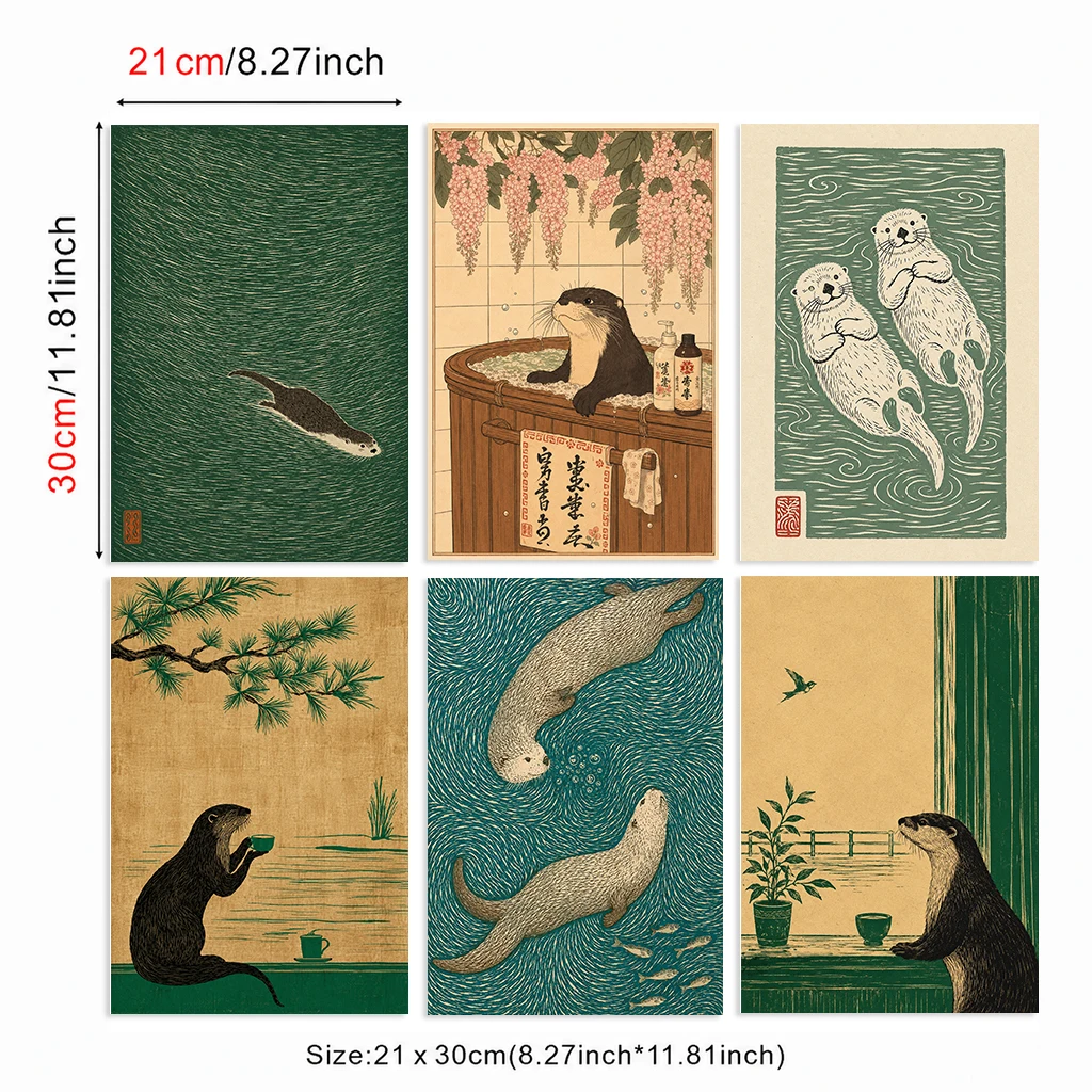Set of 6 Vintage Otter Canvas Poster Japanese Bath Tea Cup Pine Branch Nature Wall Decor Home Bedroom Living Room Wall Art